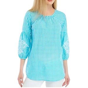 Crown & Ivy Small Round Neck Blue White Gingham Floral Tunic Top Long Sleeve